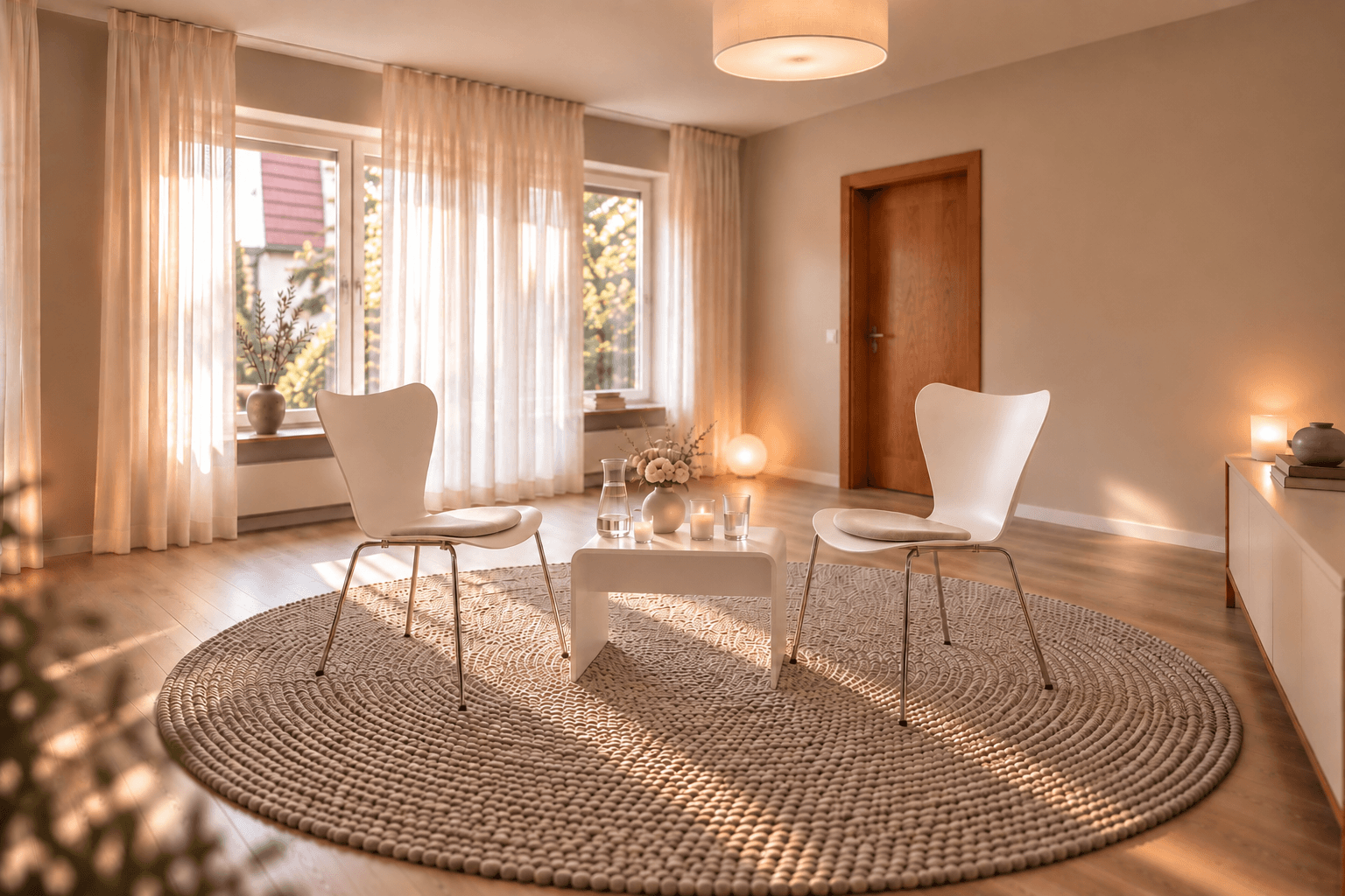Ruhiger Meditationsraum mit Kissen und warmem Licht.